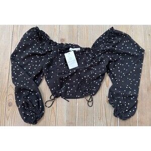 NWT Native Daughters Black White Stars Balloon Sheer Sleeve Crop Blouse Top - M
